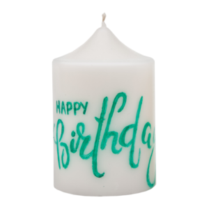 Свеча столбик 5057/1 белая/зеленая на день рождения с надписью Happy Birthday